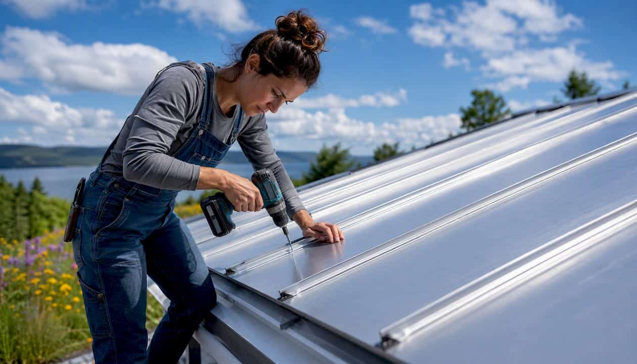 Hands fastening standing-seam metal roofing