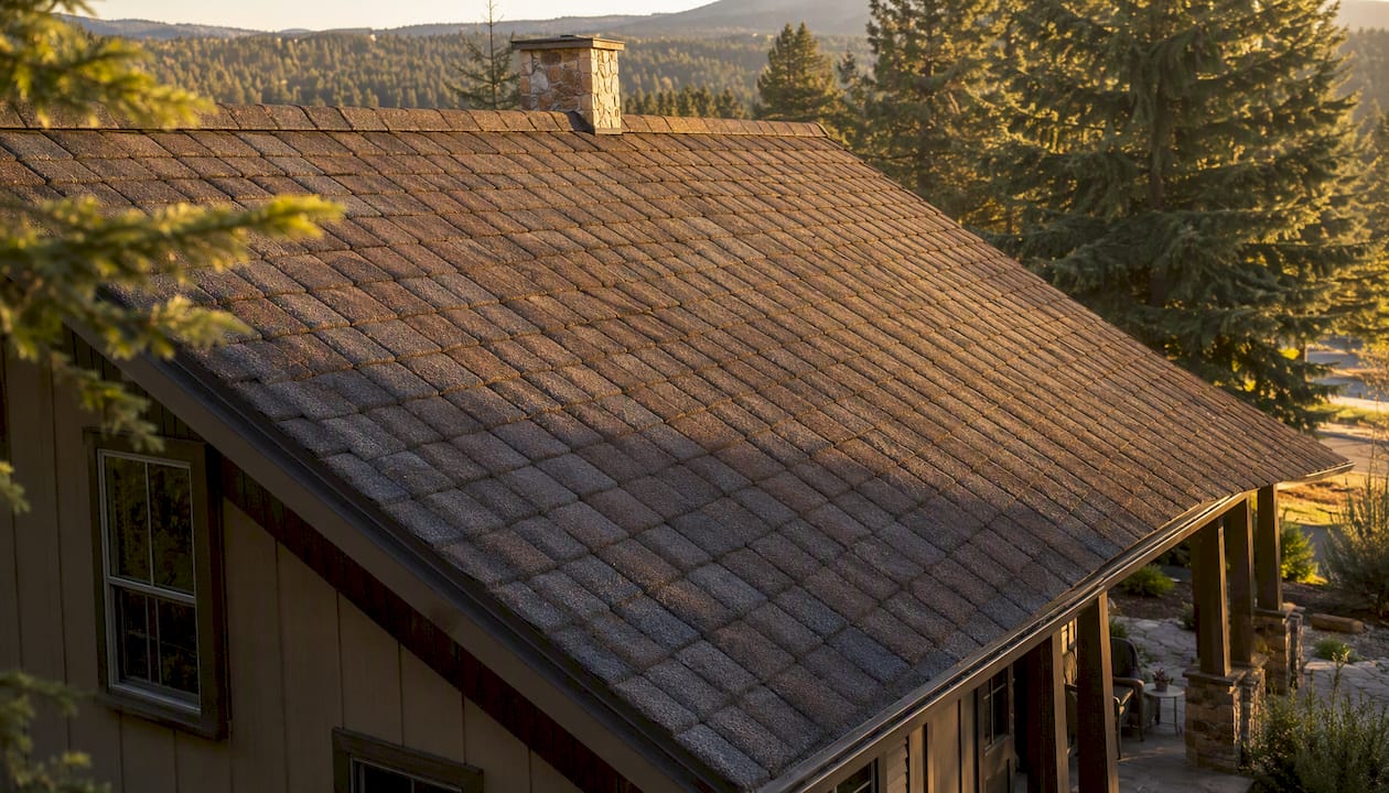Stone-coated metal roof panels outdoors aerial