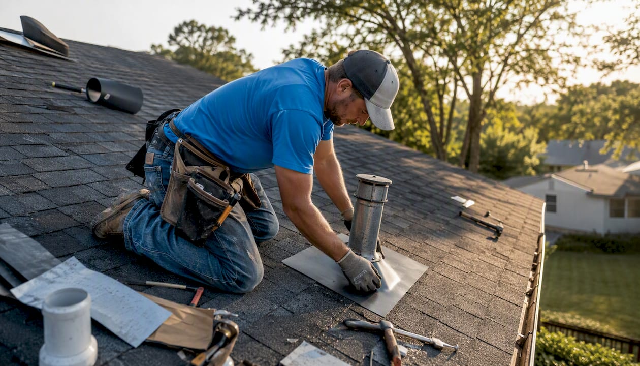 Hands repairing flashing on asphalt shingle roof