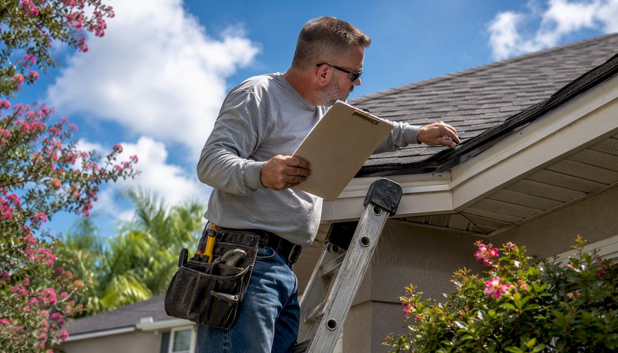 Building inspector reviewing roof installation