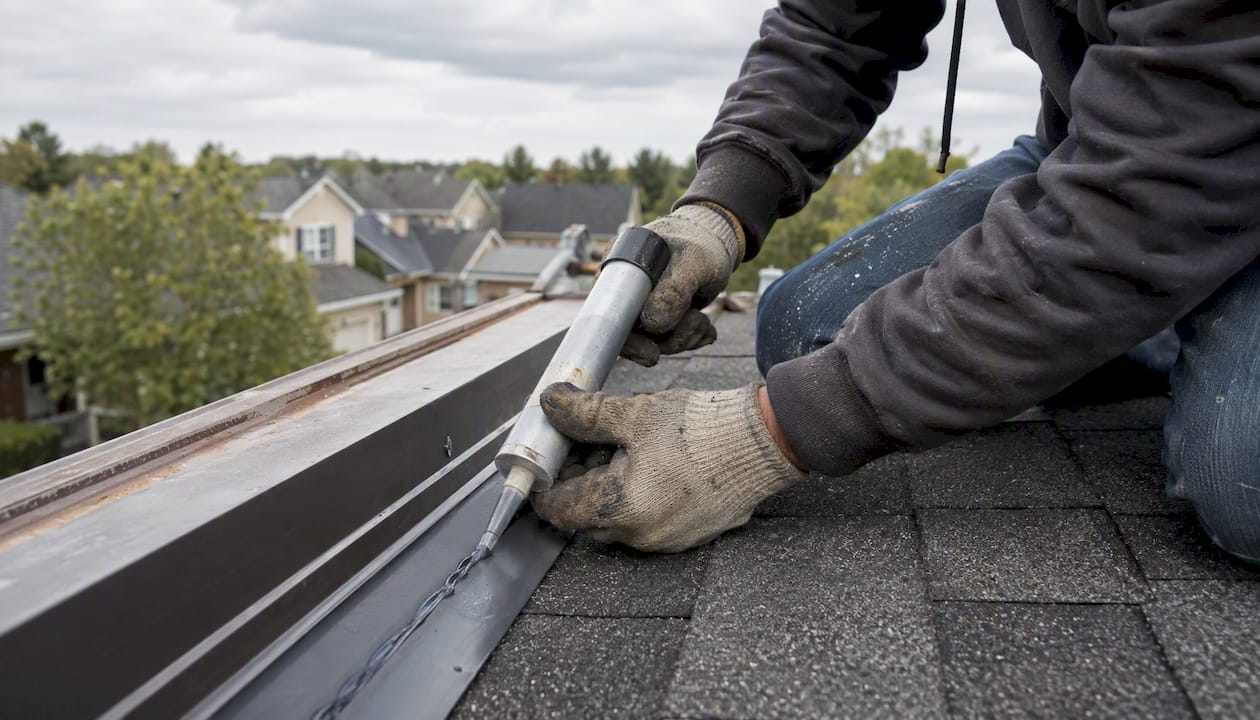 Roofer repairing flashing on neighborhood roof