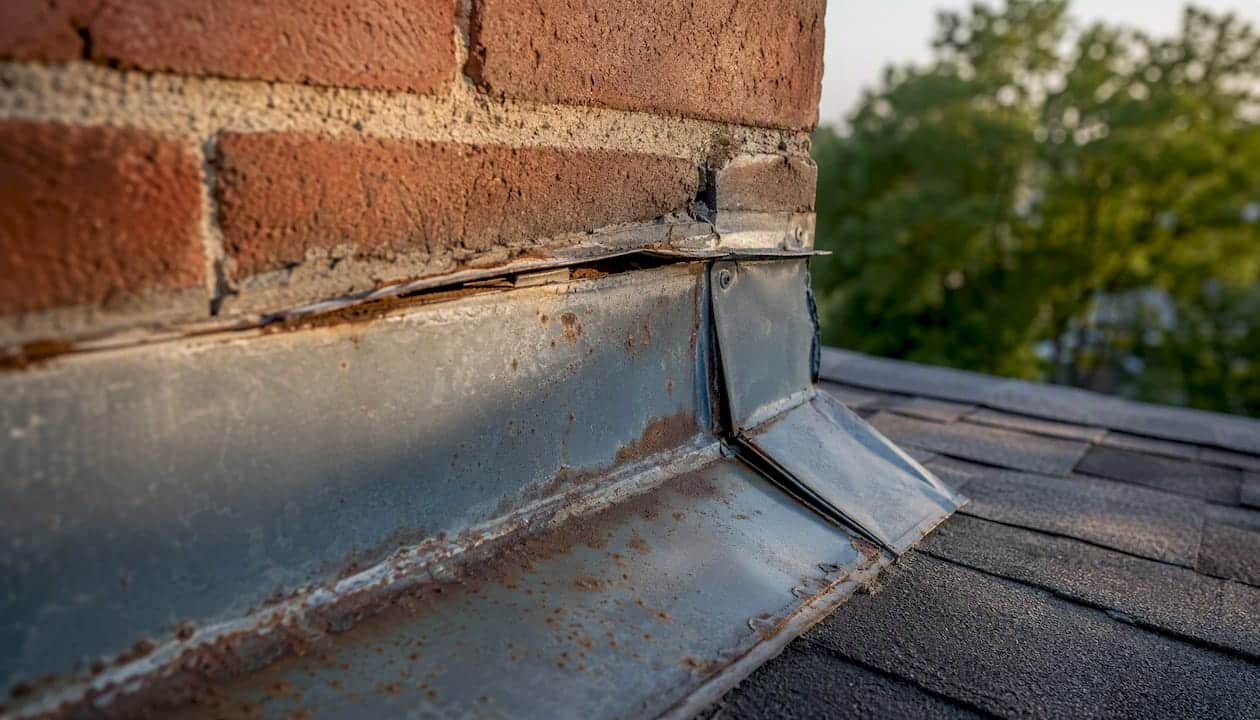 Close-up of cracked flashing at chimney base