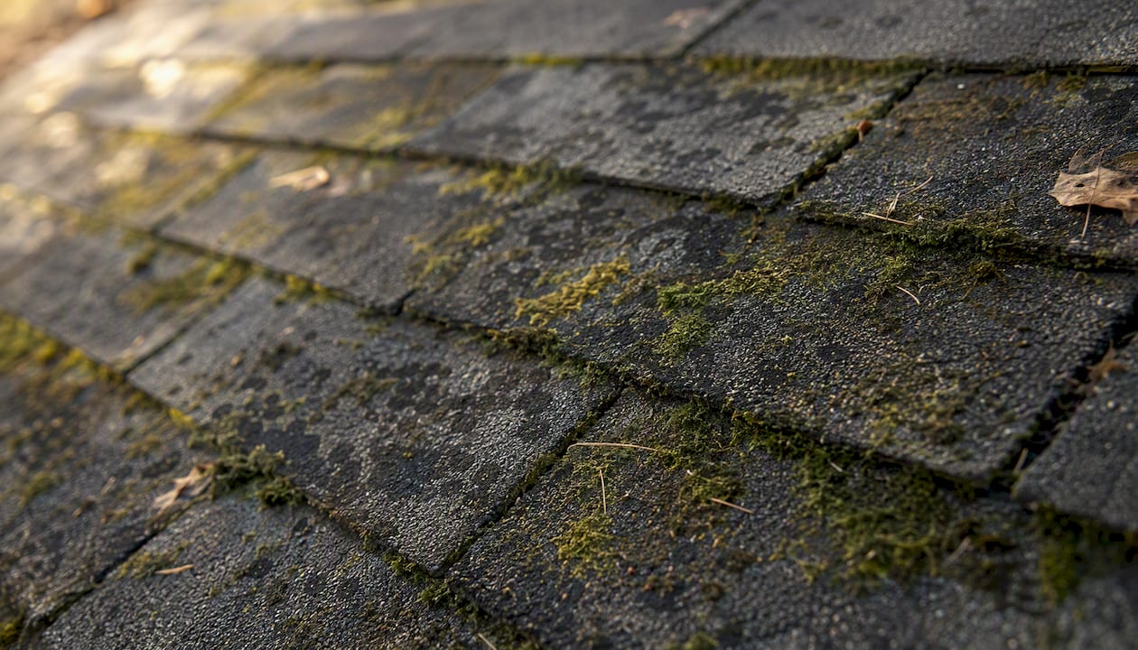 Close-up of moss and algae on roof shingles