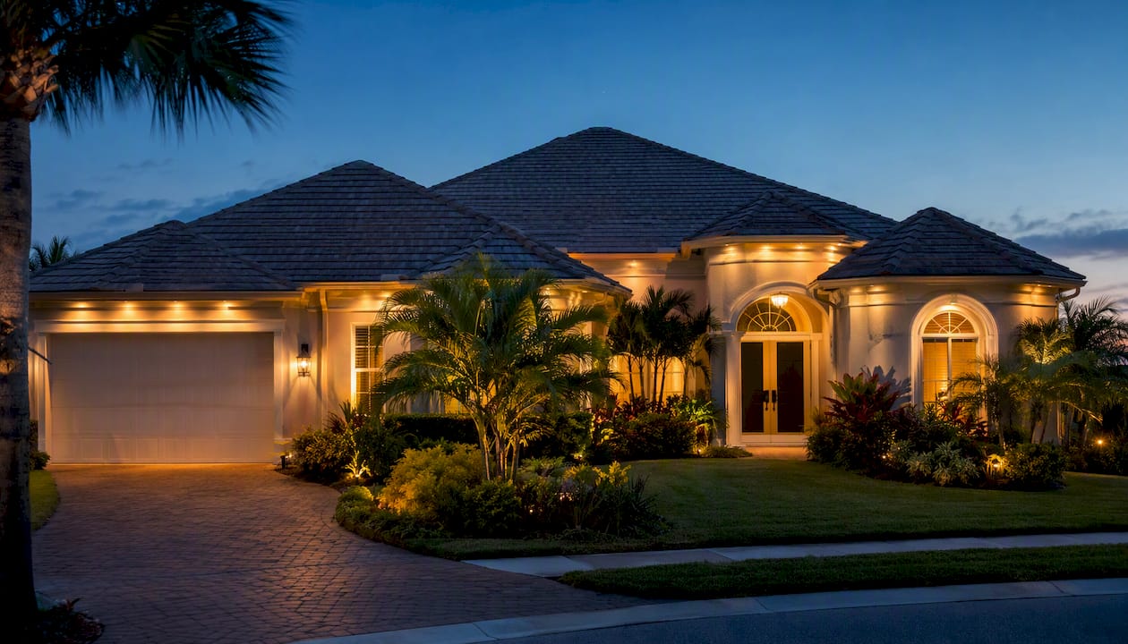 Residential roof illuminated by exterior lighting at dusk