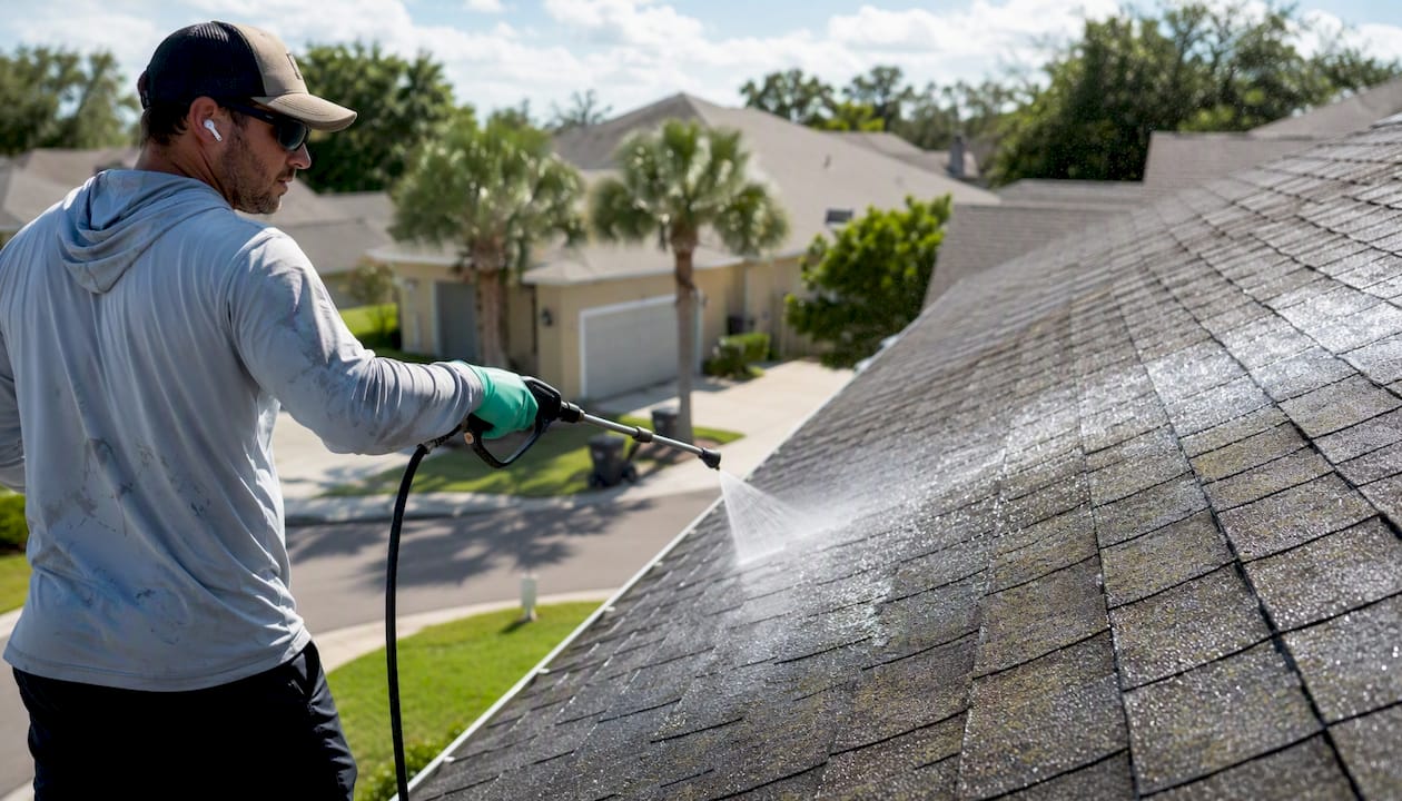 Soft-wash roof cleaning in progress on shingles