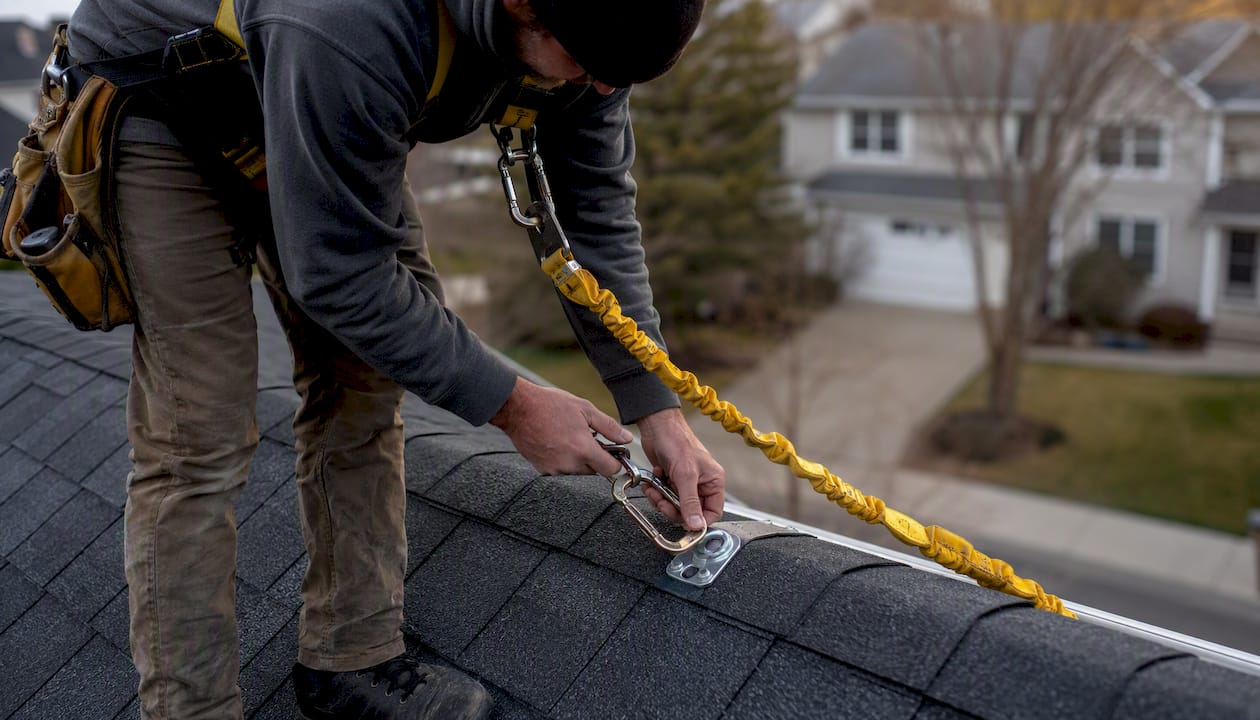 Roofer fastening fall protection harness at roof edge