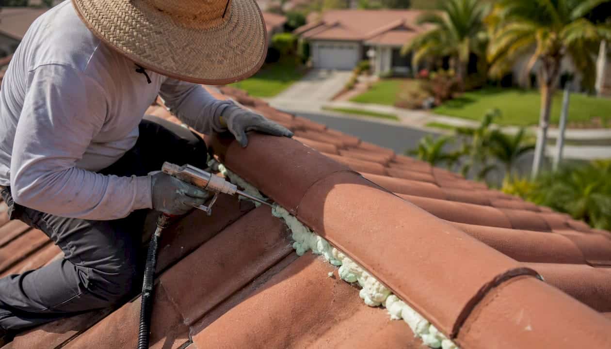 Roofer sealing fire-risk gaps under roof tiles