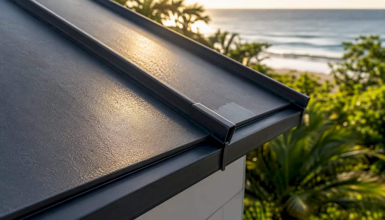 Close-up of aluminum standing seam metal roof seam