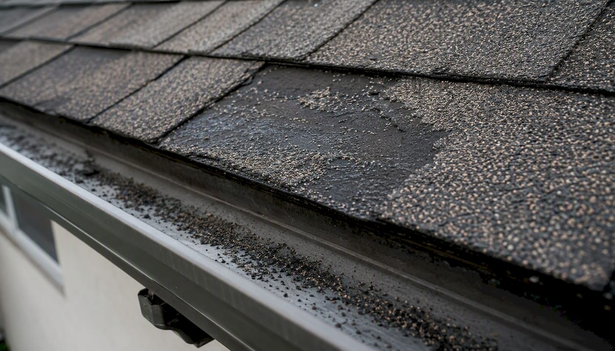 Granule loss on asphalt shingles with gutter below