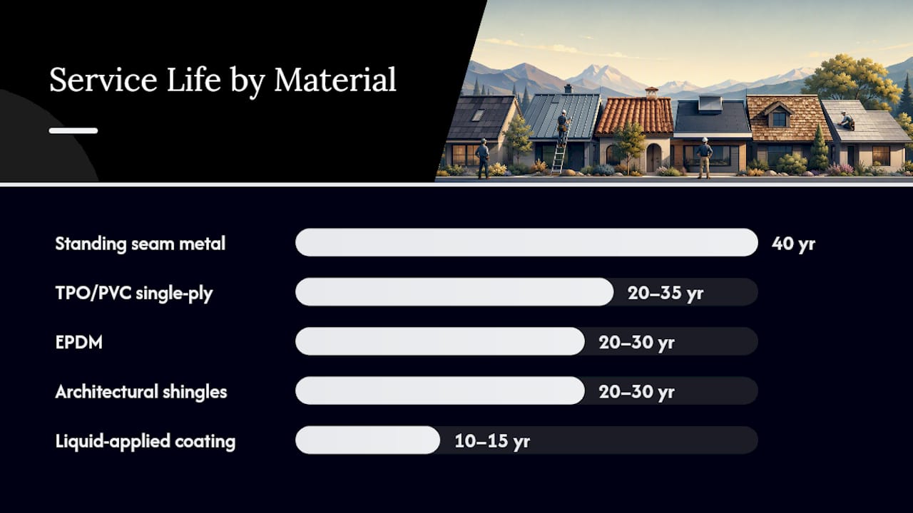 Diagram comparing roof materials by lifespan and failure modes