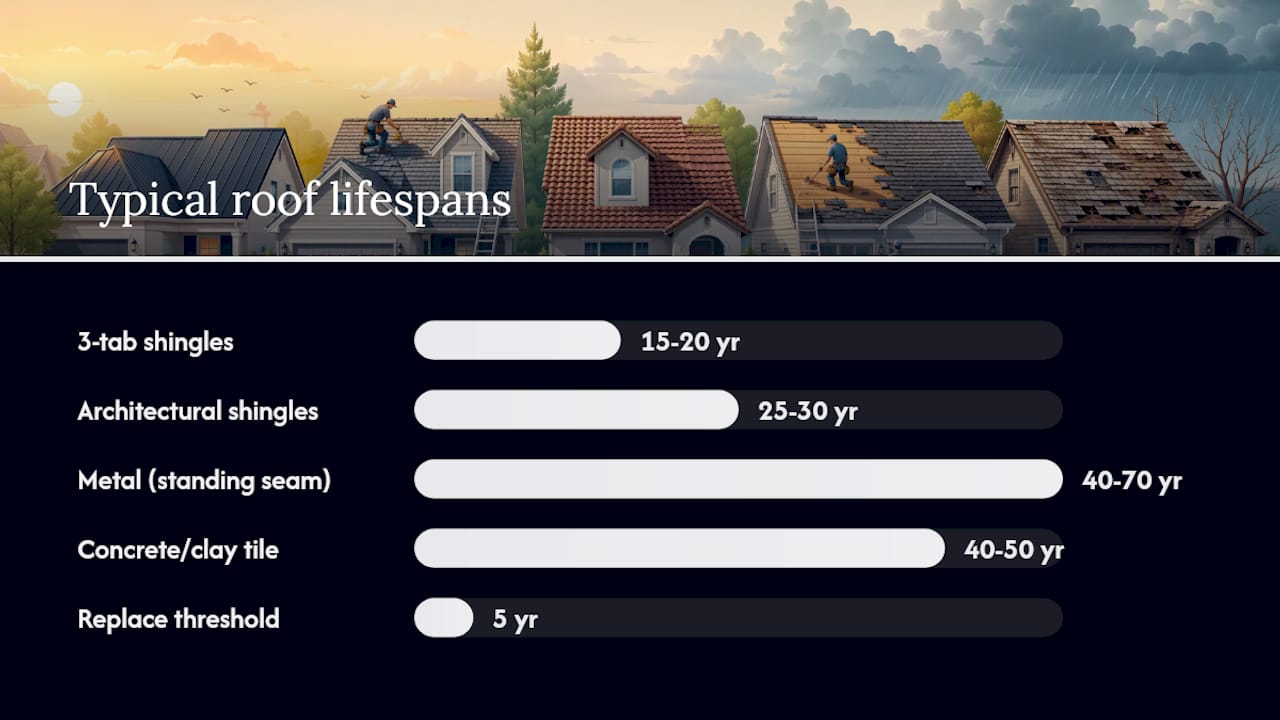 Diagram comparing roof repair and replacement factors