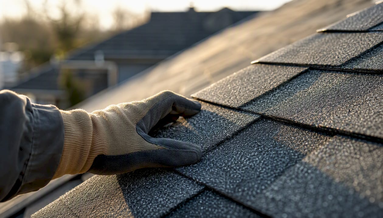 Gloved hand inspecting asphalt roof shingles