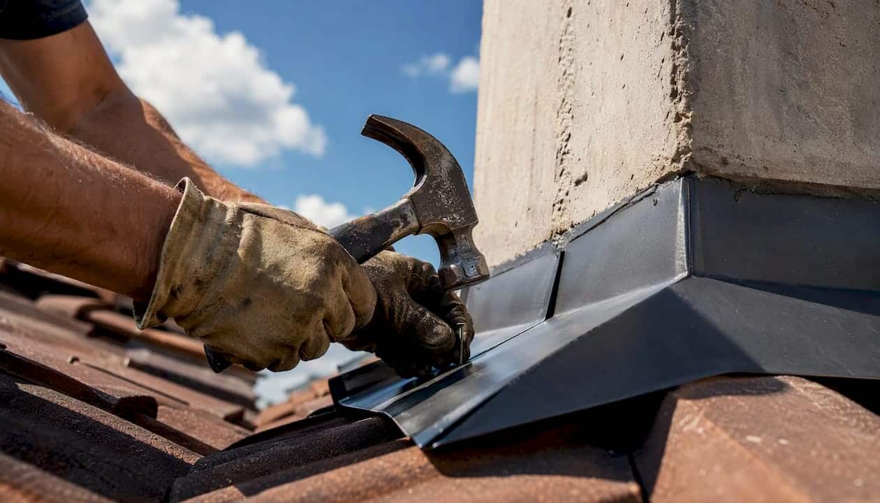 Roofer installing flashing on residential roof