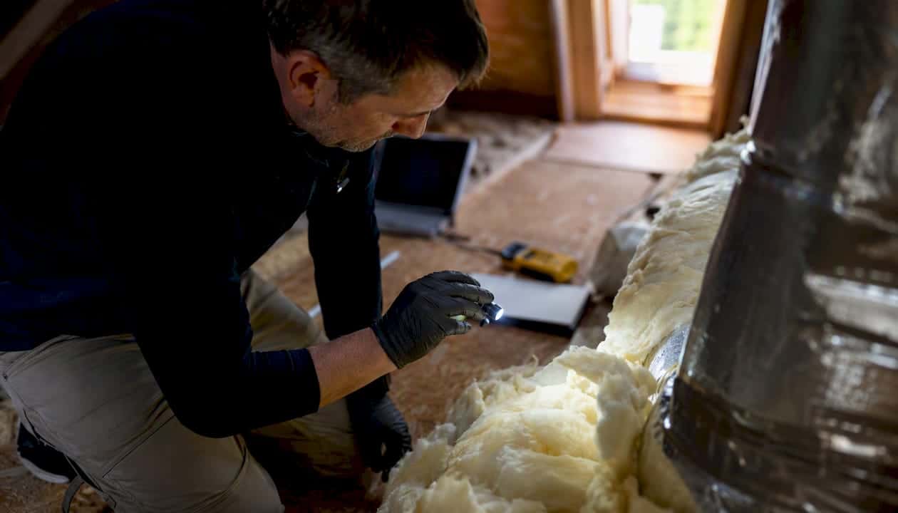 Attic ventilation and insulation inspection close-up