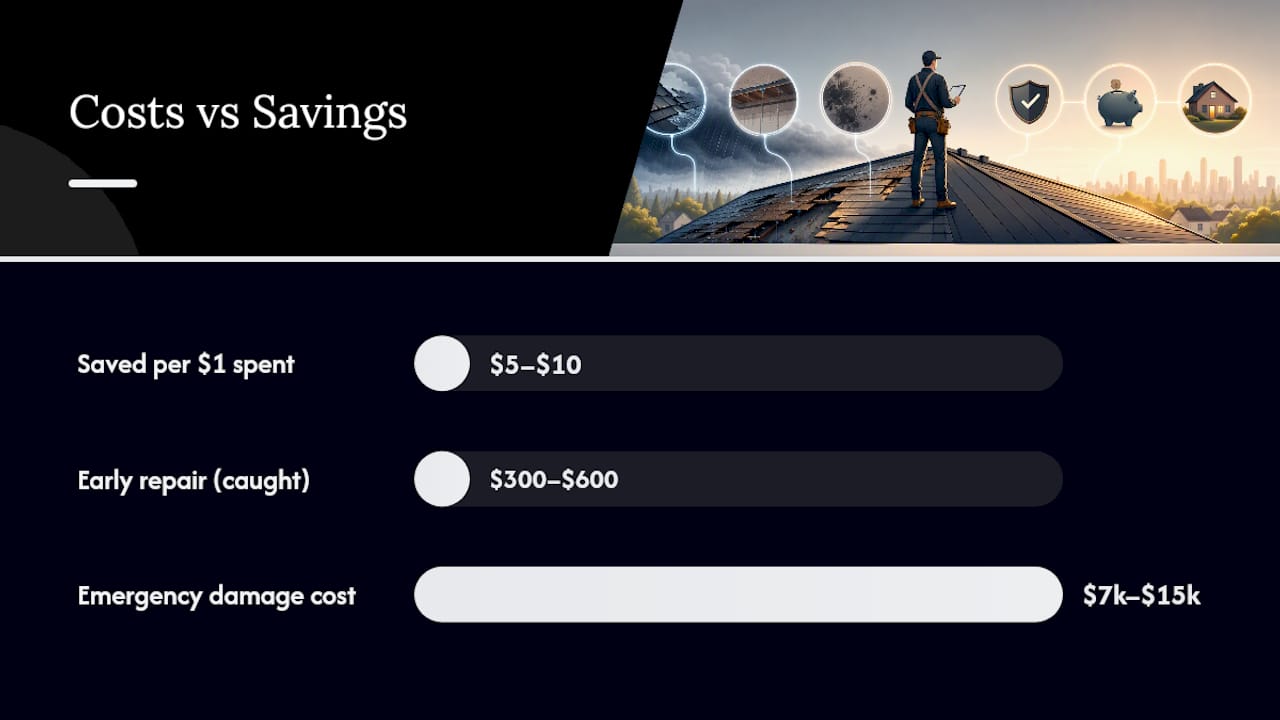 Diagram showing roof inspection cost savings and maintenance benefits