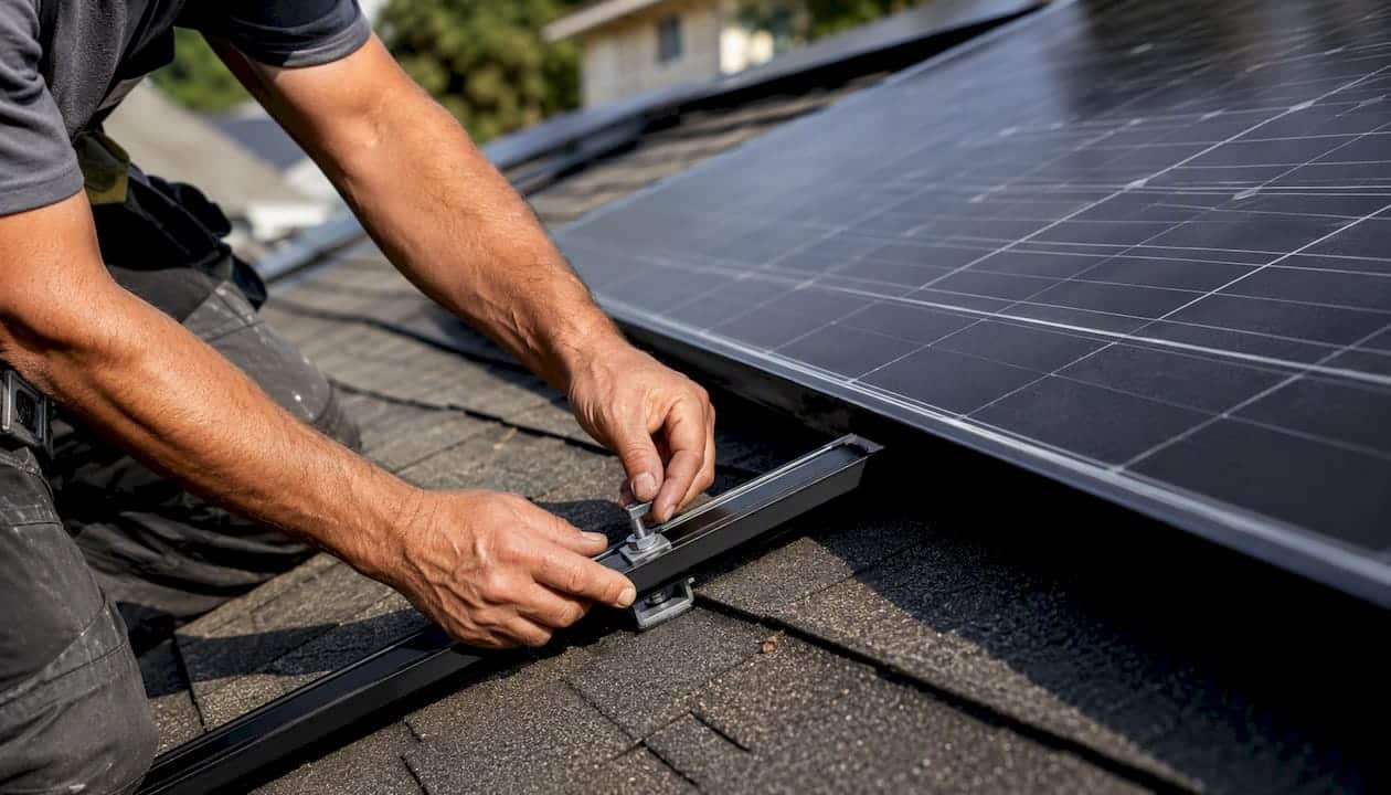 Roofer securing solar panel on roof