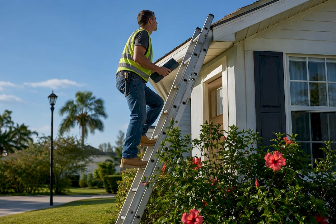 Inspector climbing ladder for roof inspection