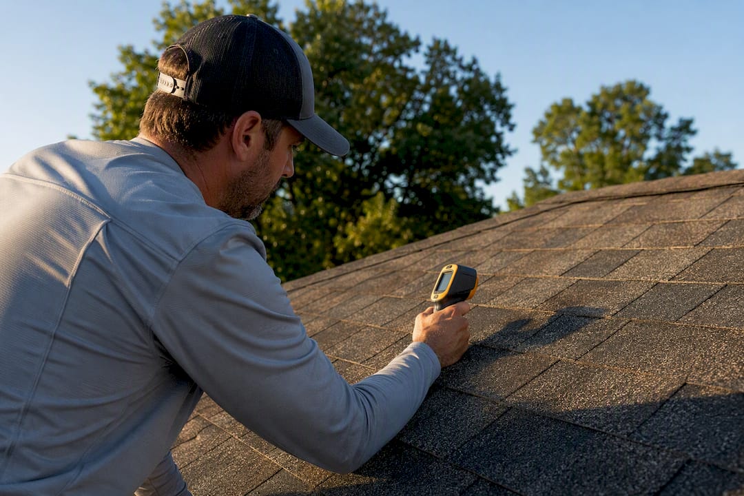Infrared moisture meter inspecting roof shingles