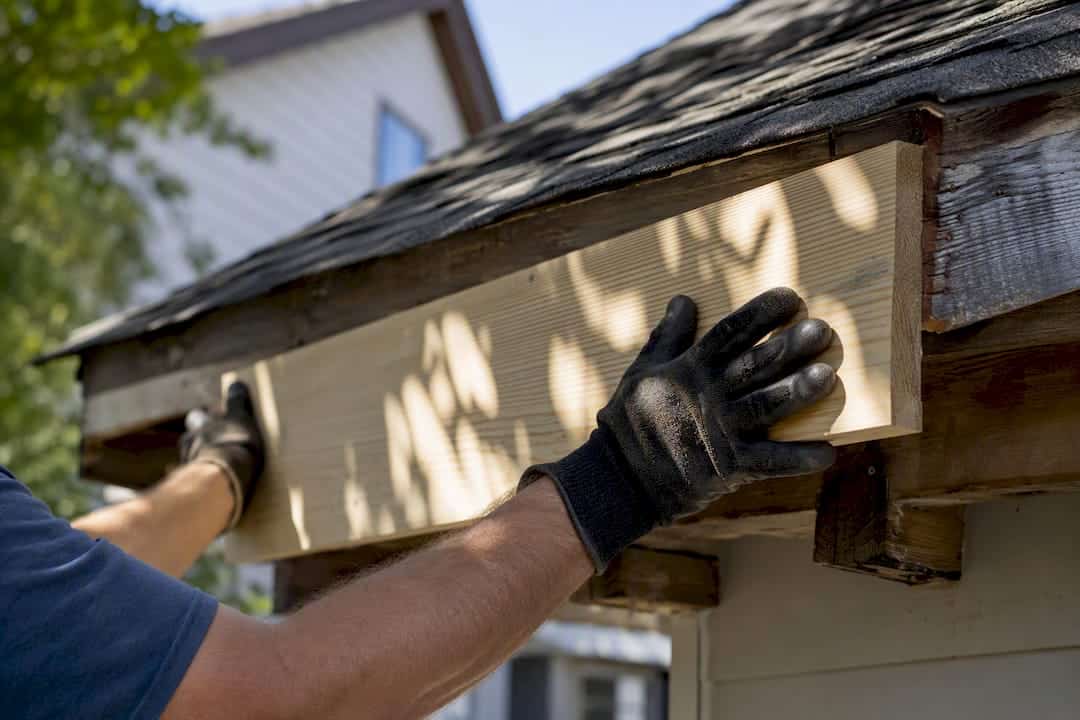 Hands positioning fascia board joint on roof edge