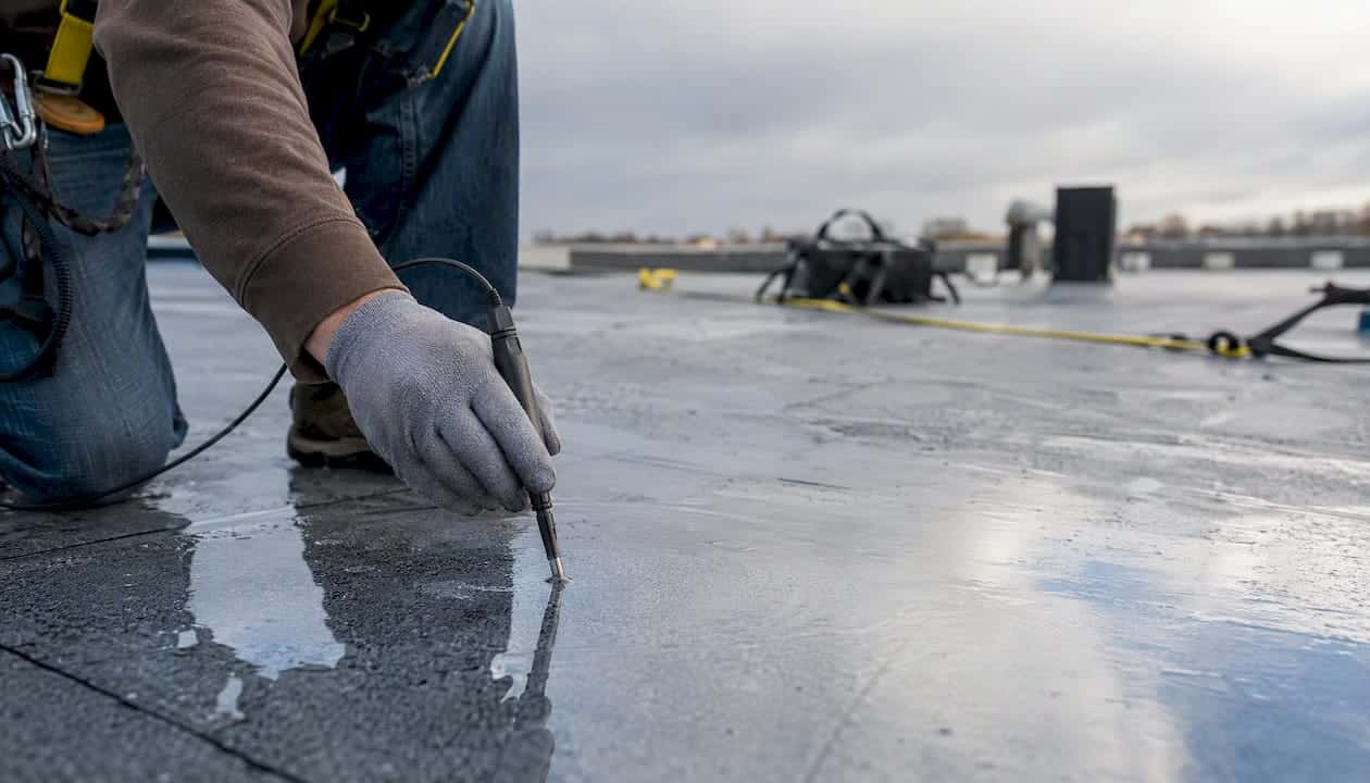 Hand holding low-voltage probe on wet roof surface