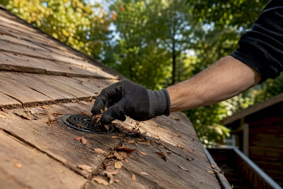 Gloved hand clearing leaves from roof drain