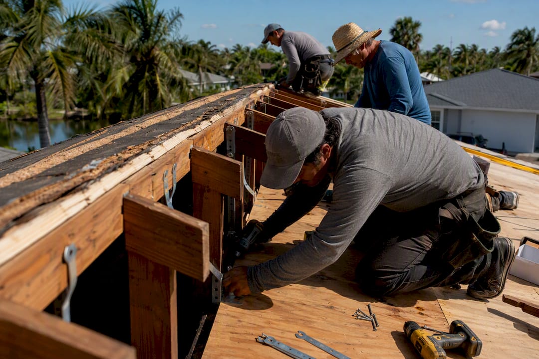 Roofers installing hurricane straps on exposed roof deck