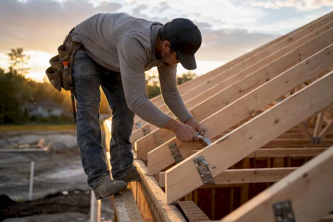 Roofer installing hurricane straps on new roof framing