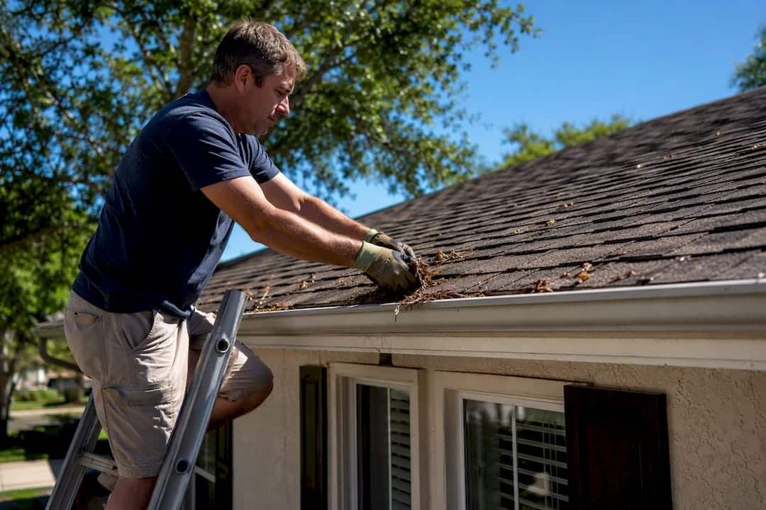 Homeowner clearing debris from roof edge
