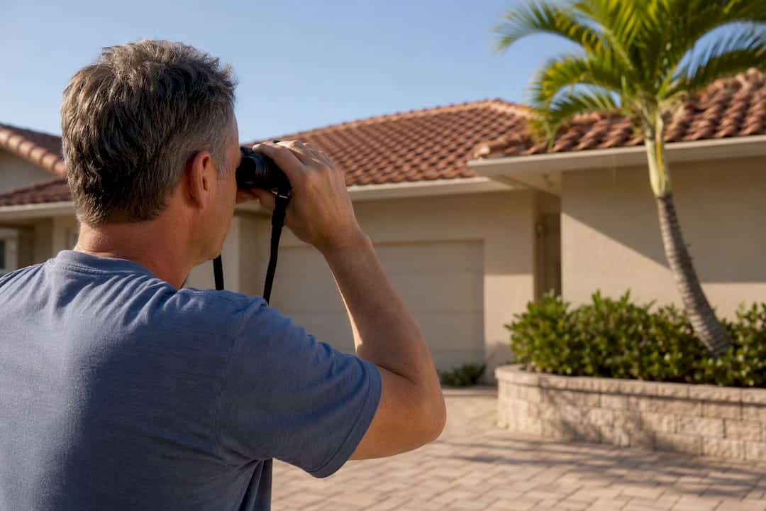 Homeowner inspecting roof tiles with binoculars