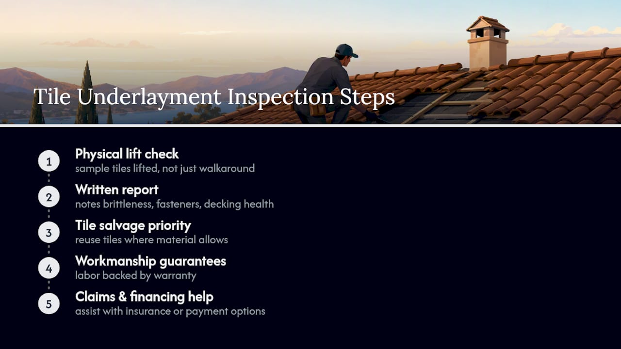 How Thomas Roofing and Repair inspects tile underlayment — overview diagram
