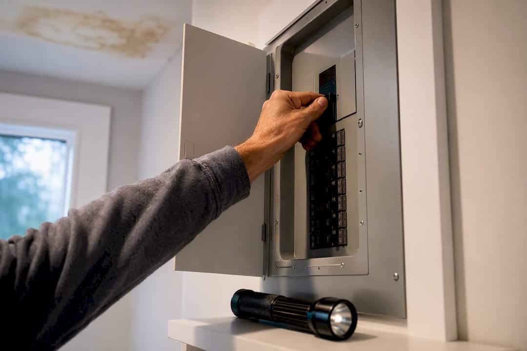 Hand reaching for electrical breaker during leak