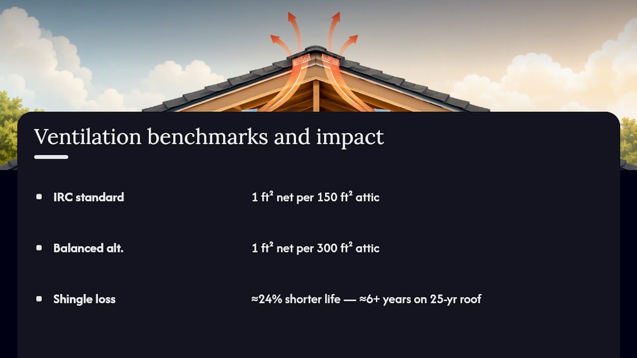 Attic ventilation ratios and shingle lifespan impact